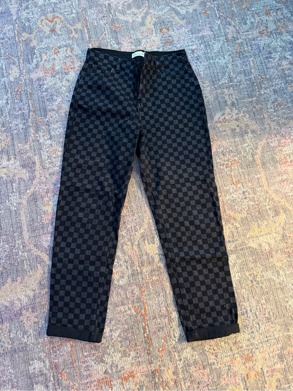 Womens Black Checkered Jeans